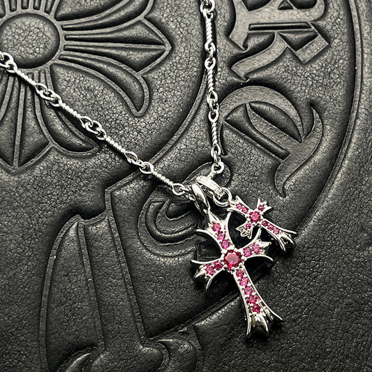 Punk hip-hop Thai silver plated 22K white gold double cross color diamond necklace sweater chain