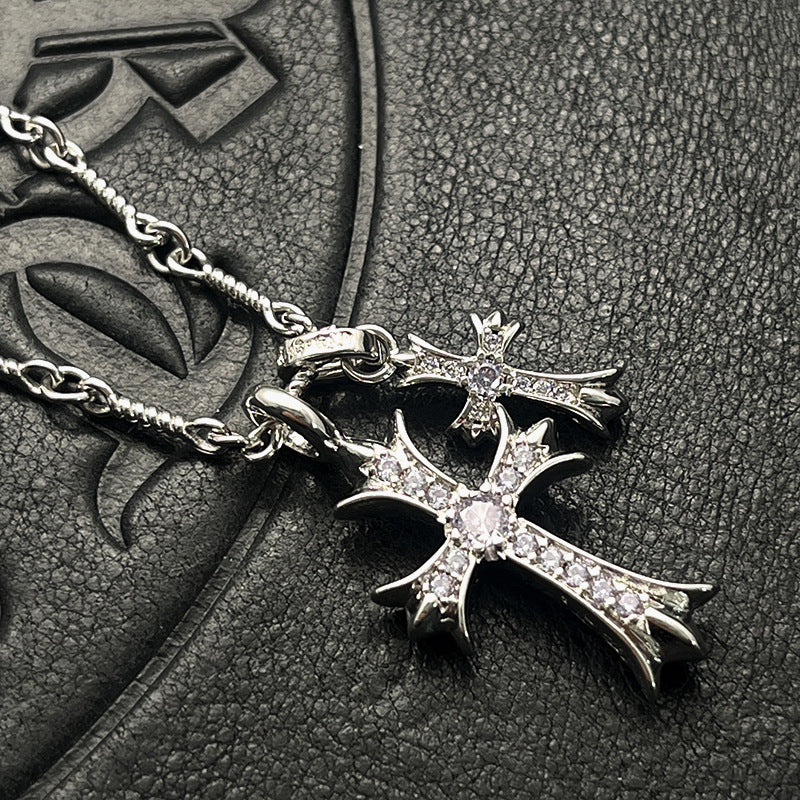Punk hip-hop Thai silver plated 22K white gold double cross color diamond necklace sweater chain